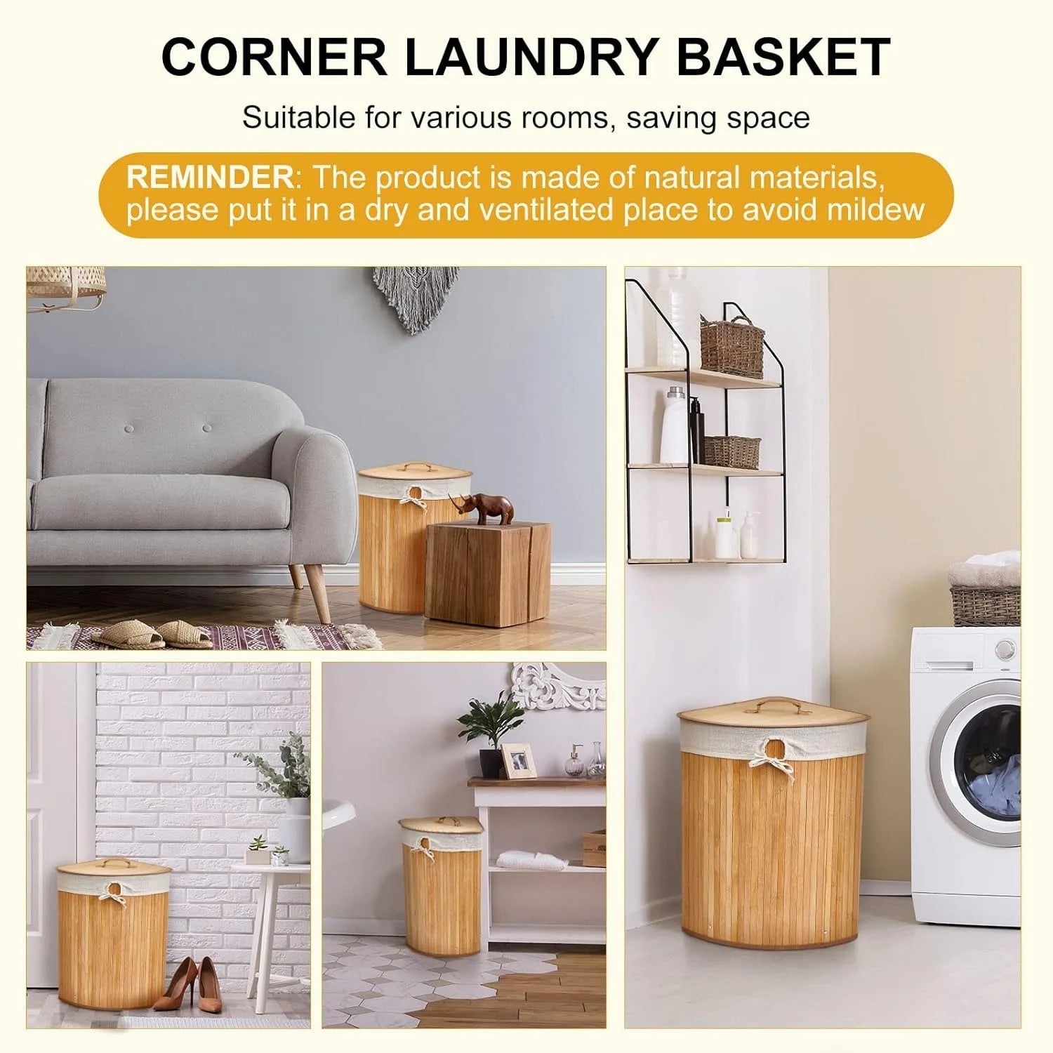 Panier à Linge d'Angle en Bambou avec Couvercle