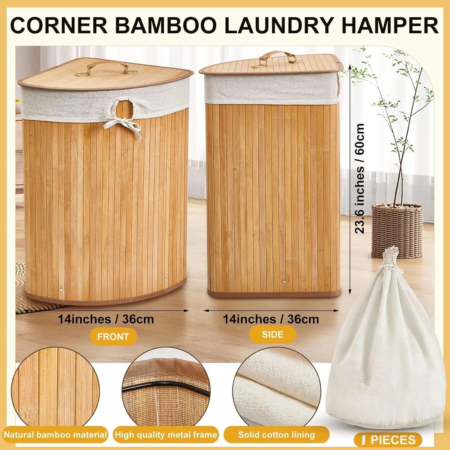 Panier à Linge d'Angle en Bambou avec Couvercle