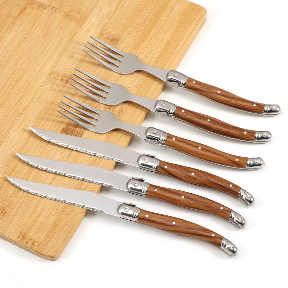 Ensemble Couverts à Steak Manche Effet Bois 6 Pièces