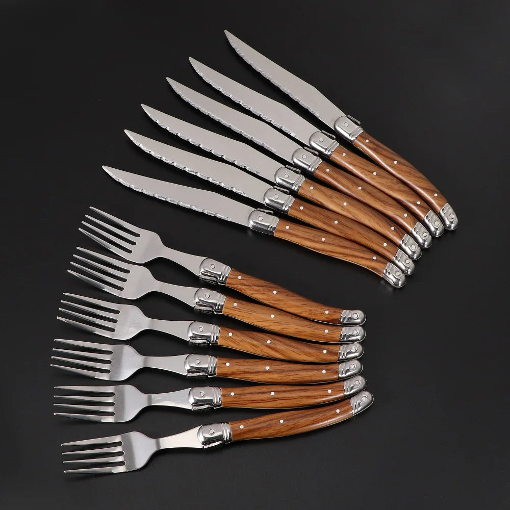 Ensemble Couverts à Steak Manche Effet Bois 6 Pièces