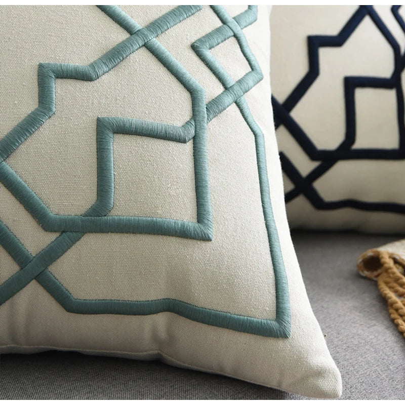 Embroidered Geometric Cushion Cover – Cotton Throw Pillow Case, 50x50cm