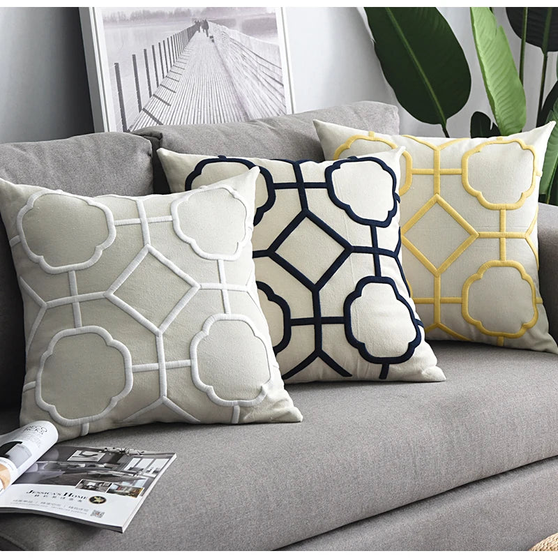 Embroidered Geometric Cushion Cover – Cotton Throw Pillow Case, 50x50cm