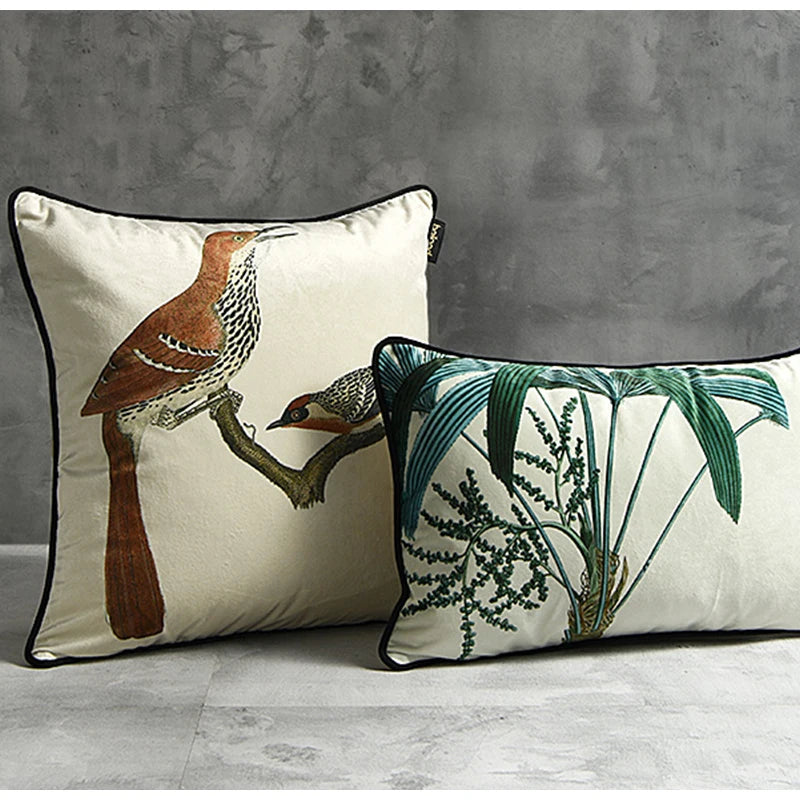 Housse de Coussin Velours Motif Pie et Branche - Style Champêtre