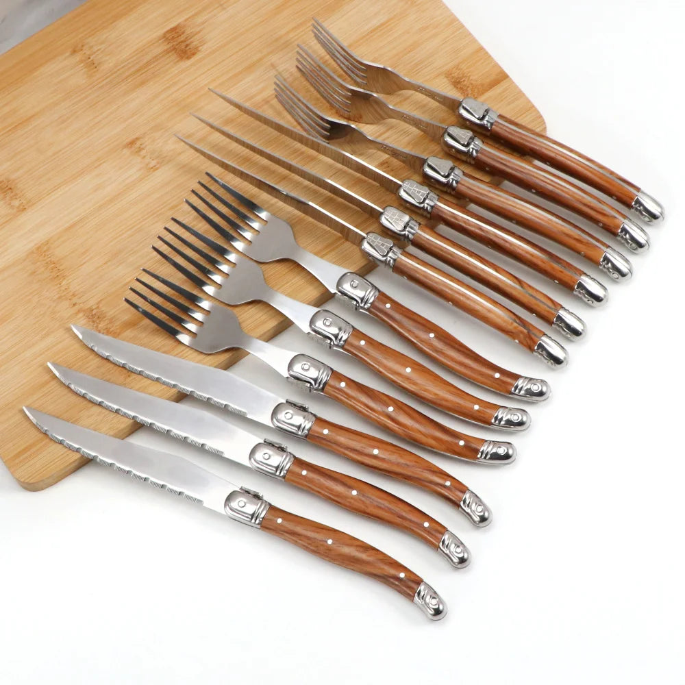 Ensemble Couverts à Steak Manche Effet Bois 6 Pièces