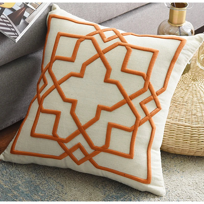 Embroidered Geometric Cushion Cover – Cotton Throw Pillow Case, 50x50cm