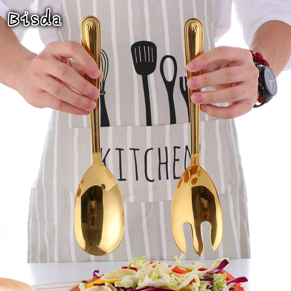 Grande Cuillère et Fourchette de Service Inox Doré
