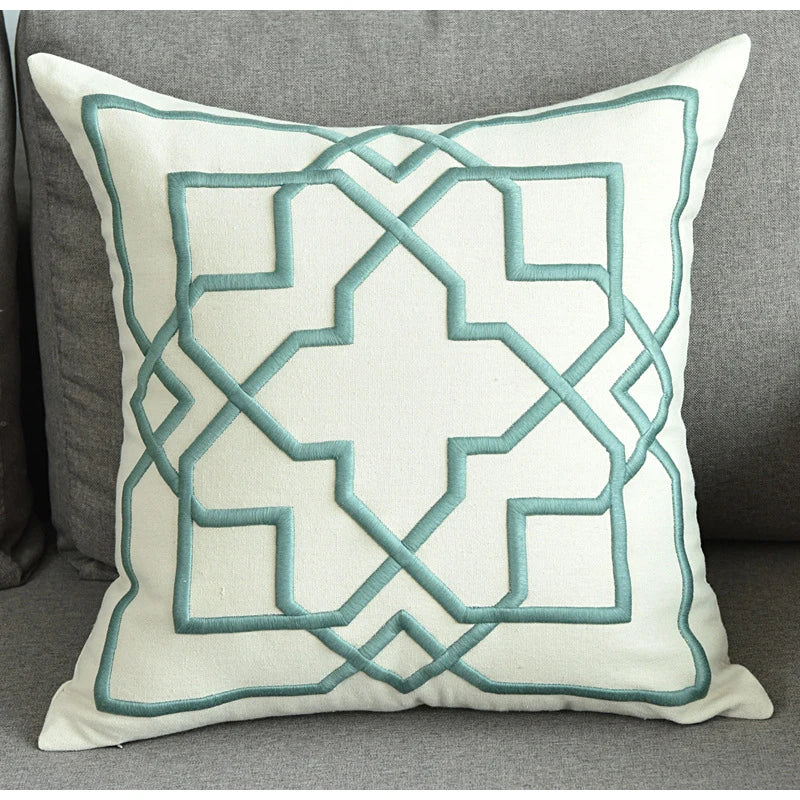 Embroidered Geometric Cushion Cover – Cotton Throw Pillow Case, 50x50cm