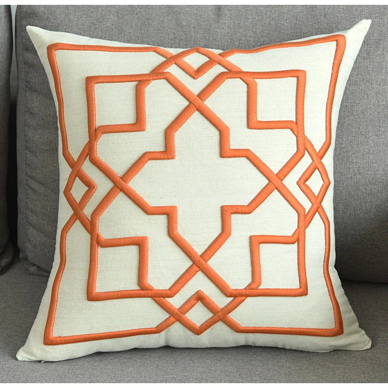 Embroidered Geometric Cushion Cover – Cotton Throw Pillow Case, 50x50cm
