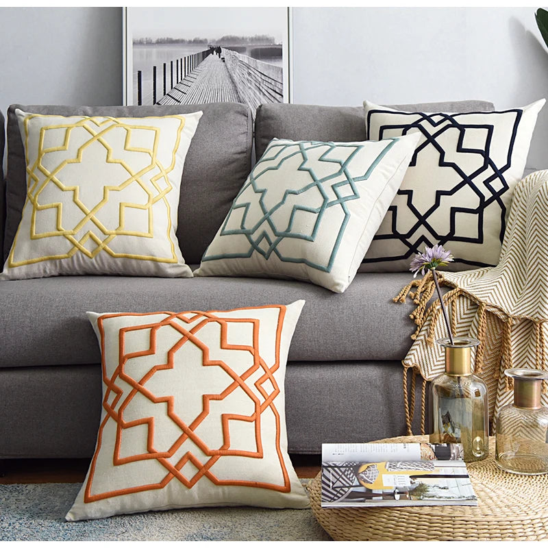 Embroidered Geometric Cushion Cover – Cotton Throw Pillow Case, 50x50cm