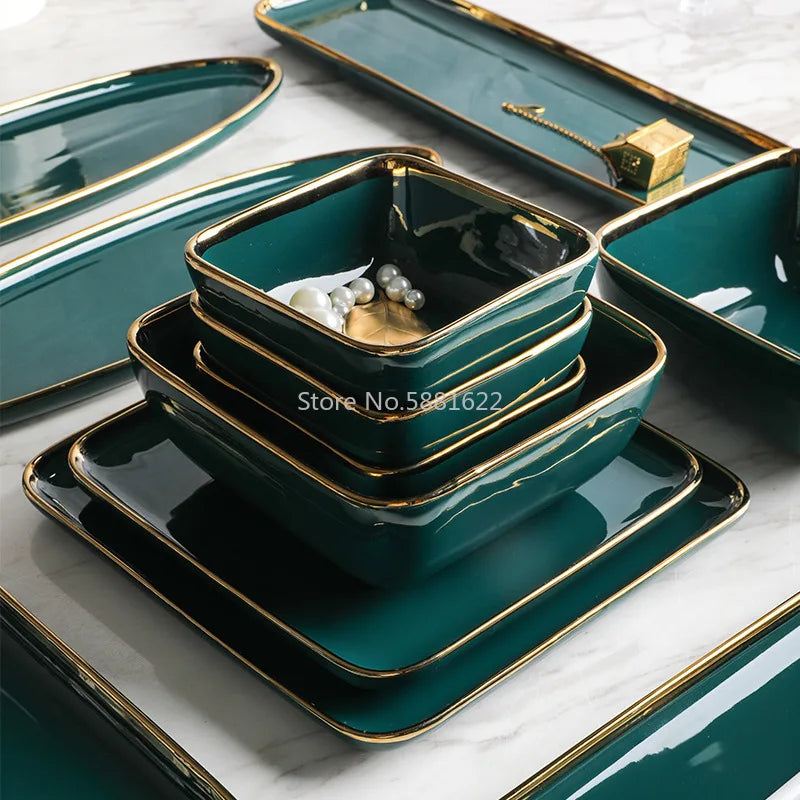 Service de Vaisselle en Porcelaine Verte Liseré Doré