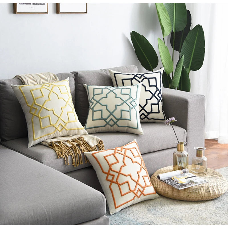 Embroidered Geometric Cushion Cover – Cotton Throw Pillow Case, 50x50cm