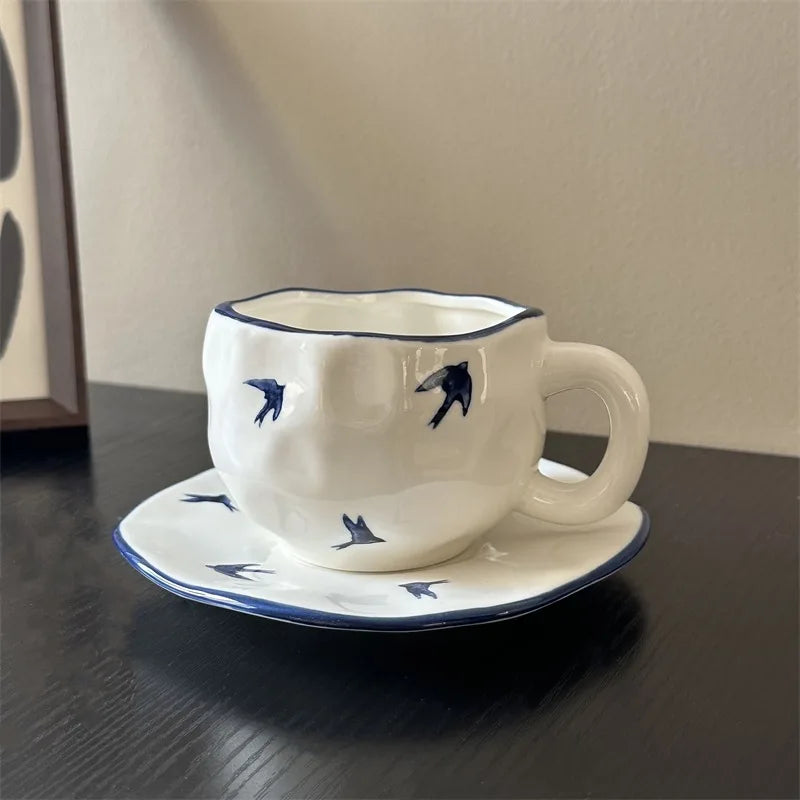 Tasse et Assiette Céramique Peintes Main Style Japonais Rétro