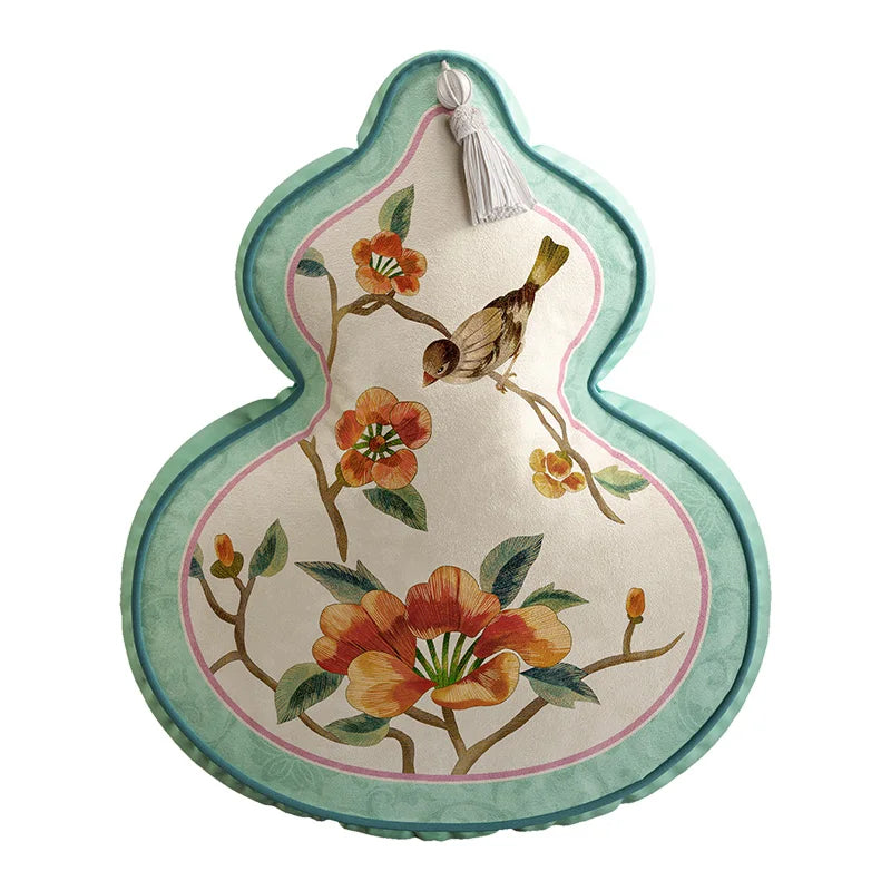 Coussin Décoratif Forme Gourde - Motif Floral et Oiseaux