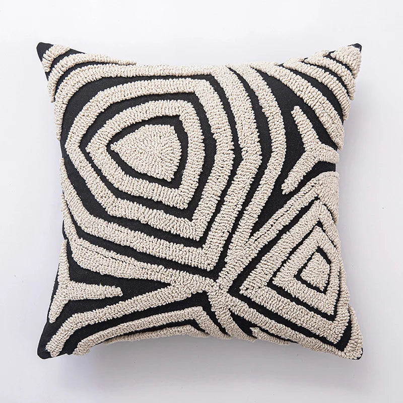 Housse de Coussin Brodée Motif Géométrique Abstrait Beige Noir