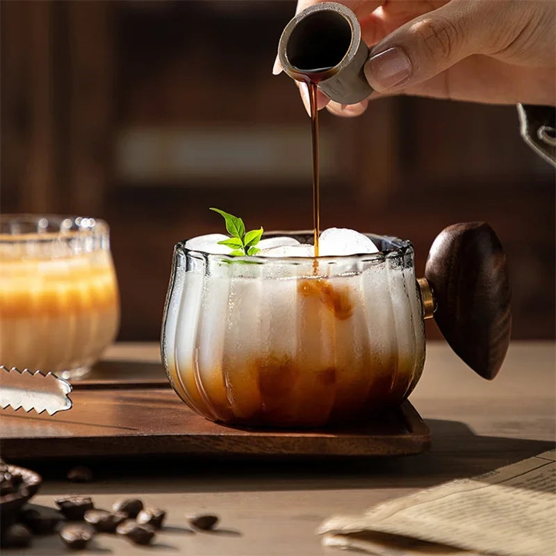 Tasse à Café Verre Rayé Résistant à la Chaleur Manche Bois