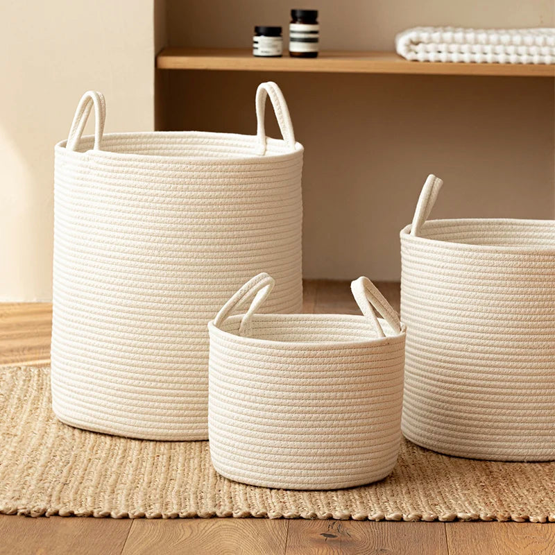 Panier à Linge Blanc en Corde de Coton Tressée