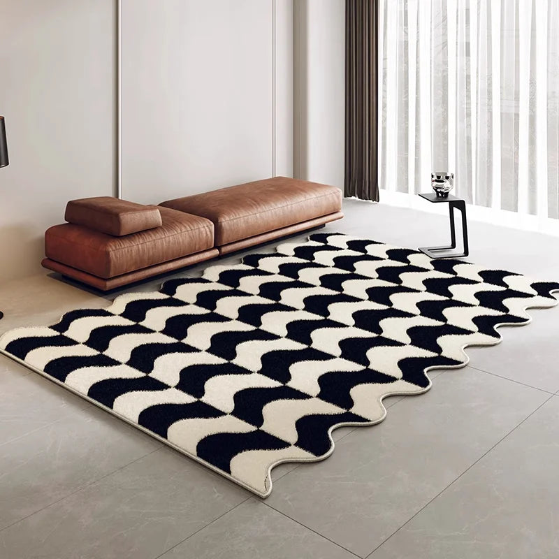 Wavy Area Rug – Black & White Fluffy Pile