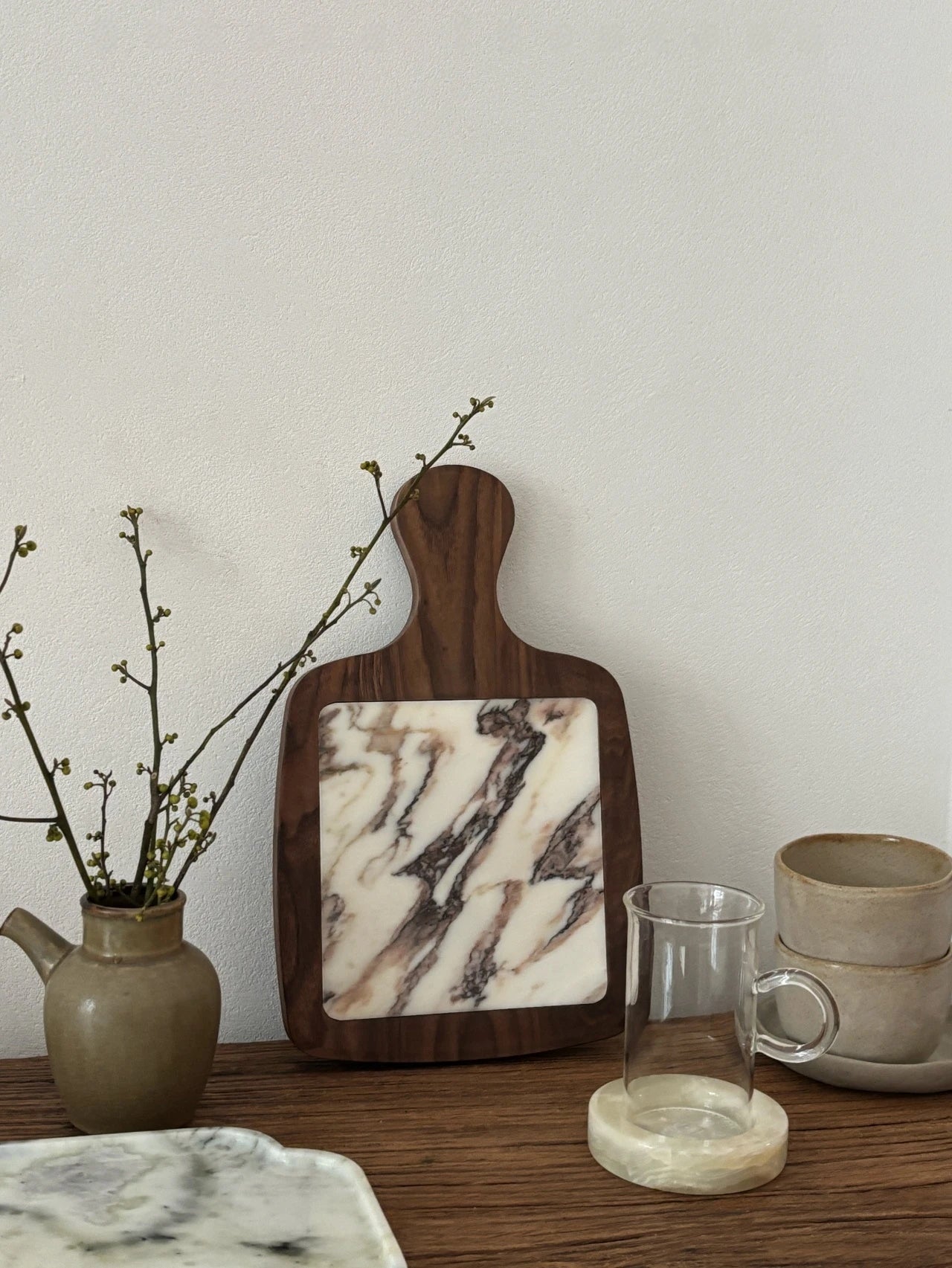 Plateau Marbre Calacatta Viola Manche en Bois