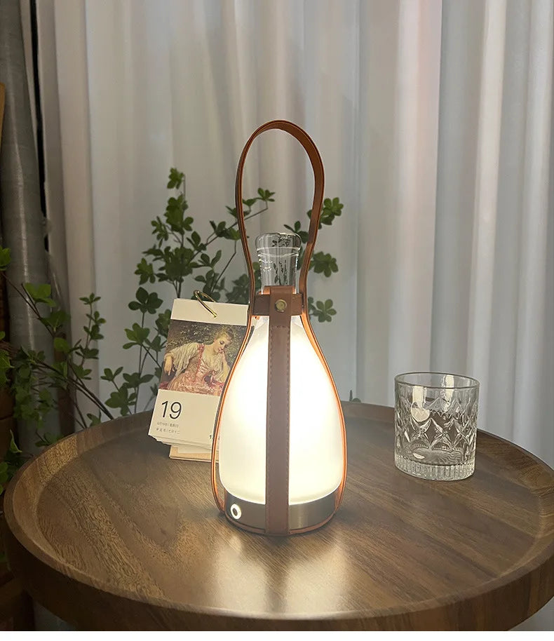 Lampe Bouteille Verre Nordique LED Portable Cuir