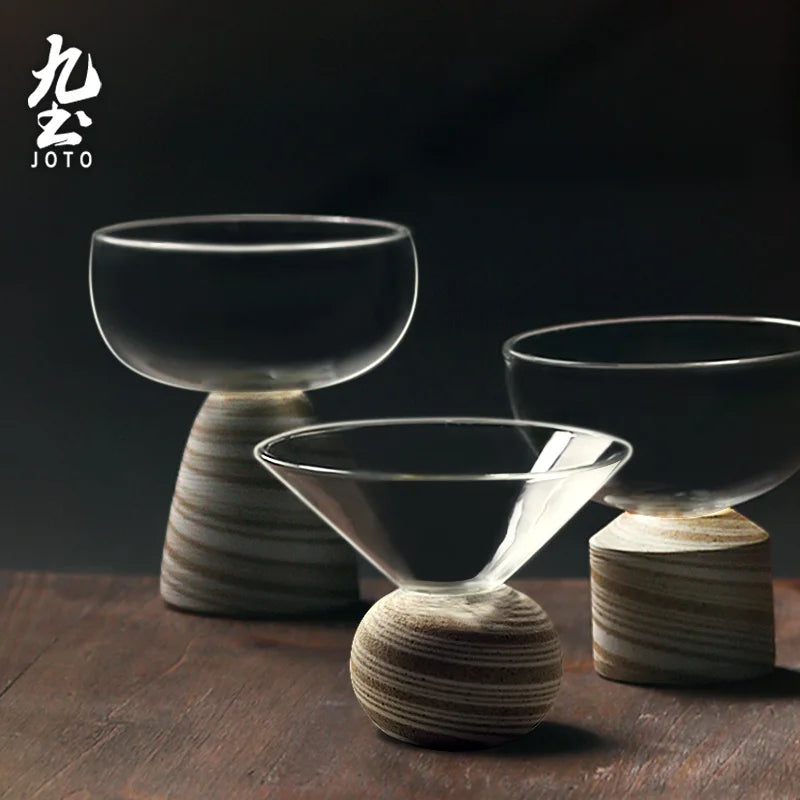 Set de Tasses en Verre avec Base en Bois Fait Main