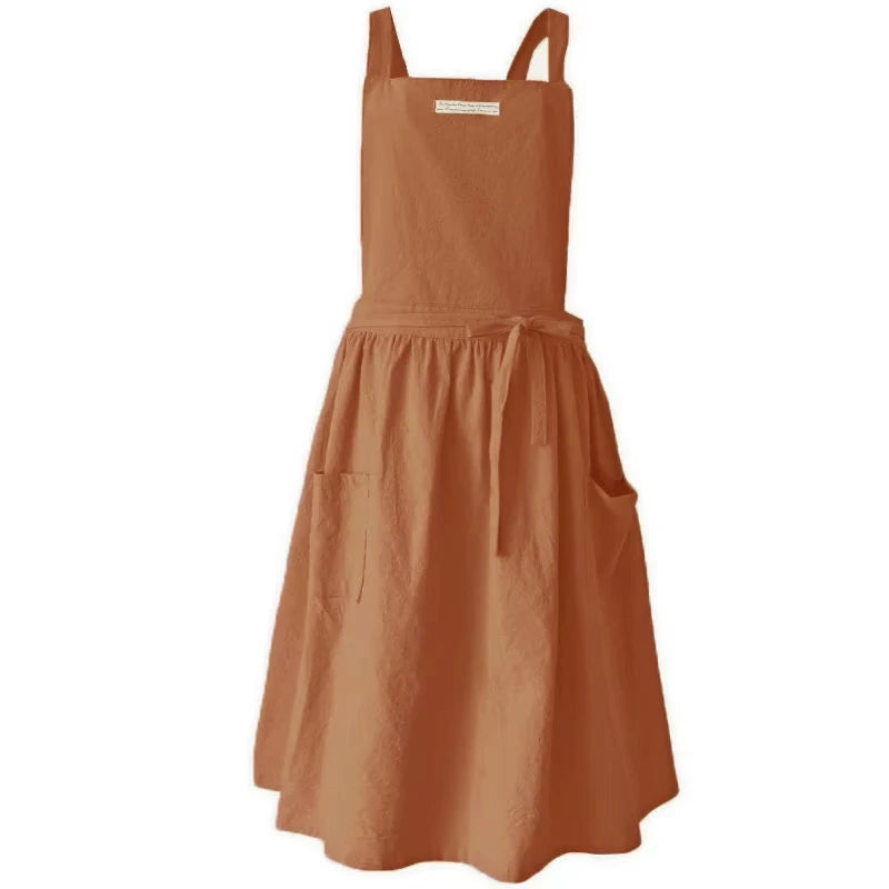 Tablier Robe Plissé Coton Lin Croisé Dans le Dos