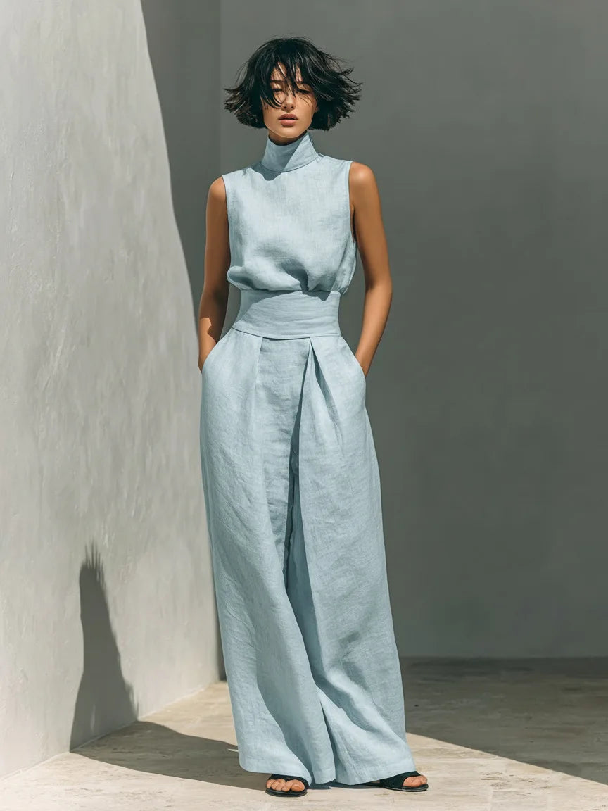 Fashion Elegant 2Pc Pants Set 2026 Summer Sleeveless Turtleneck Top+Wide Leg Pants High Street Casual Two Piece Set Women Outfit