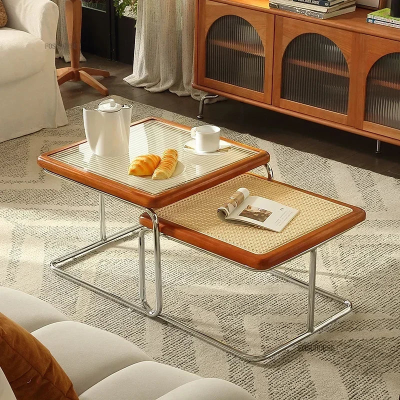 Table d'Appoint en Rotin Plateau Verre Style Rétro