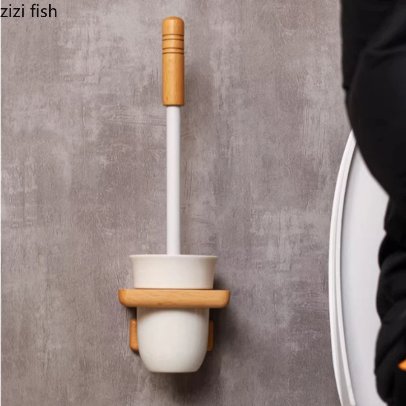 Porte-Brosse WC Mural en Bois et Céramique - Sans Perçage