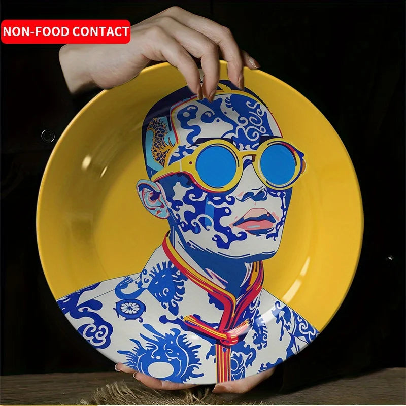 Assiette Décorative Céramique Jaune et Bleu Art Moderne