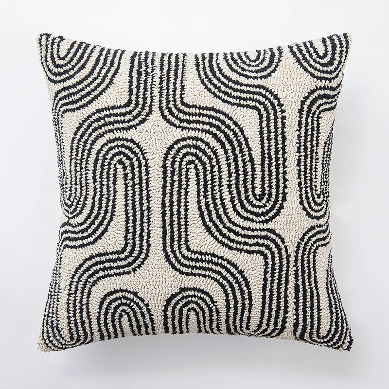 Housse de Coussin Brodée Motif Géométrique Abstrait Beige Noir