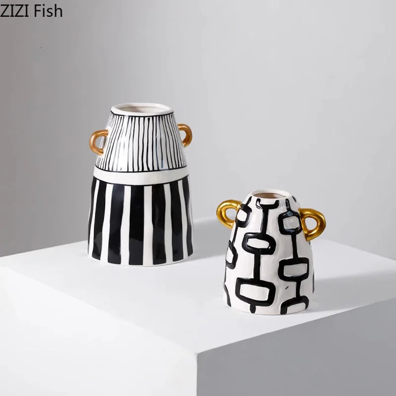 Vase Céramique Rayures Noir et Blanc pour Fleurs