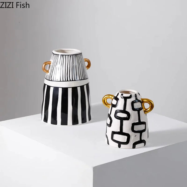 Vase Céramique Rayures Noir et Blanc pour Fleurs