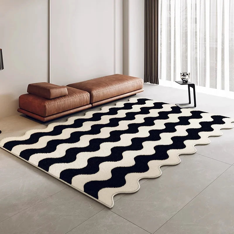 Wavy Area Rug – Black & White Fluffy Pile