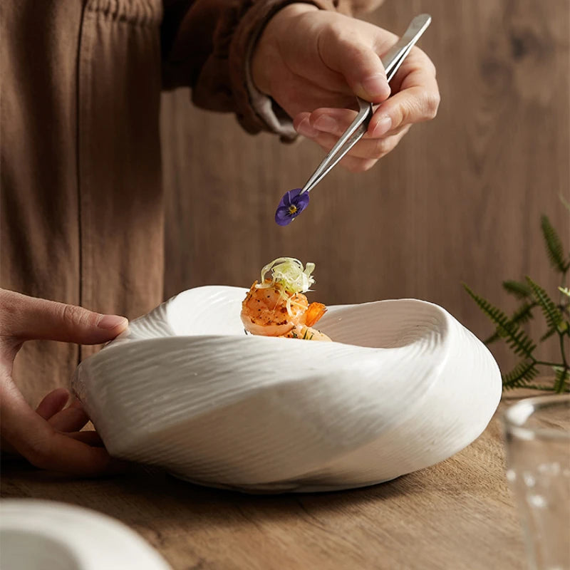 Plat en Céramique Blanche Design Artistique pour Salade et Fruits