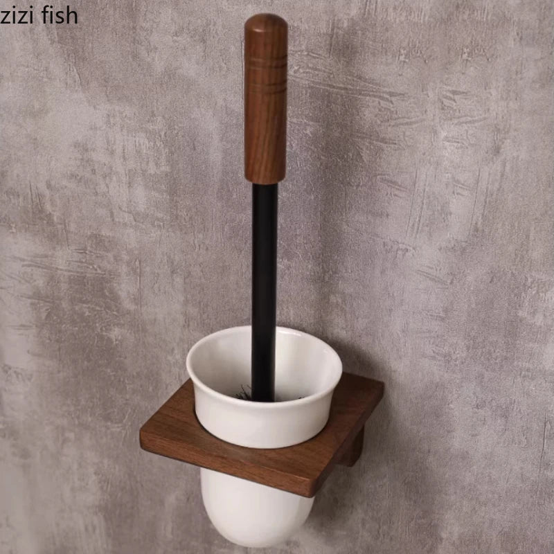 Porte-Brosse WC Mural en Bois et Céramique - Sans Perçage