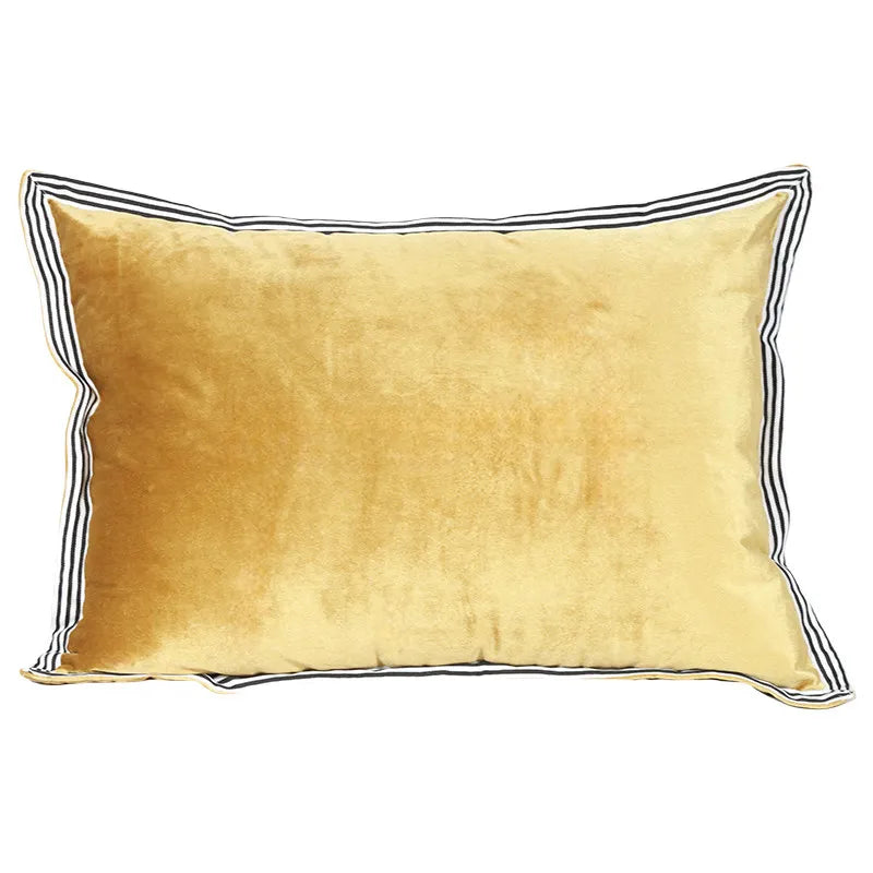 Beige & Gold Striped Lumbar Pillow Cover – Velvet Patchwork, 45x65cm