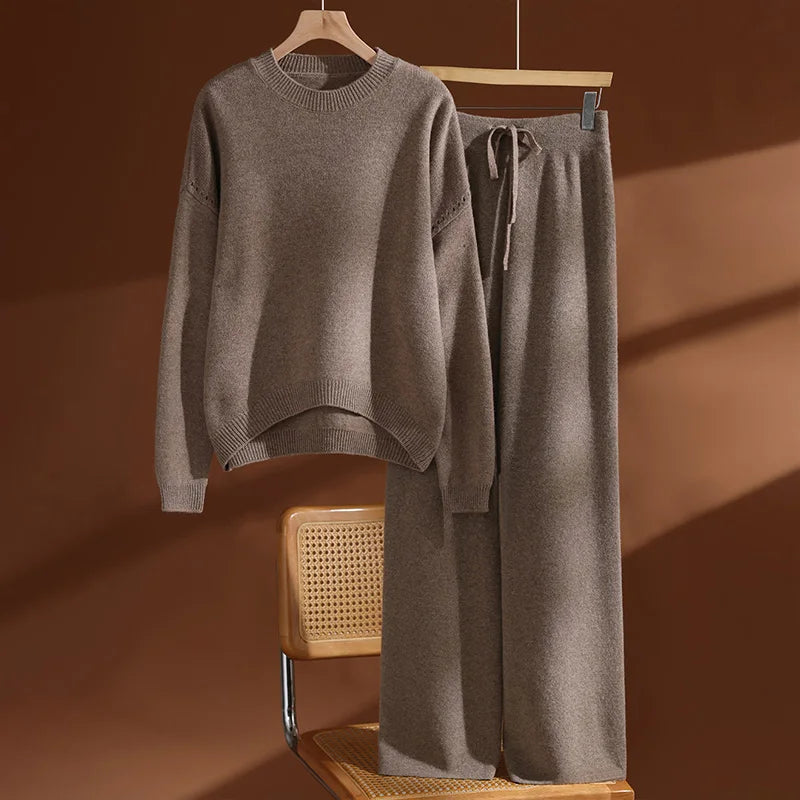Women's 100% Wool Set O-neck Pullover Wide Leg Pants Loose Thick Autumn Winter Solid Cashmere Sweater Knitwear Trousers Suit