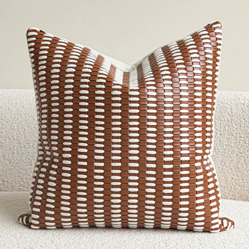 Housse de Coussin Cuir Tissé Orange et Blanc Format Carré