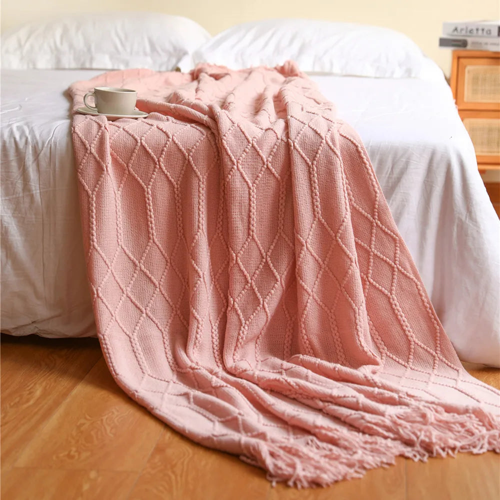 Plaid Tricoté Jaune Moutarde - Franges Bohèmes