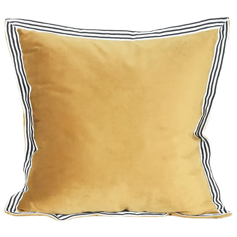Beige & Gold Striped Lumbar Pillow Cover – Velvet Patchwork, 45x65cm