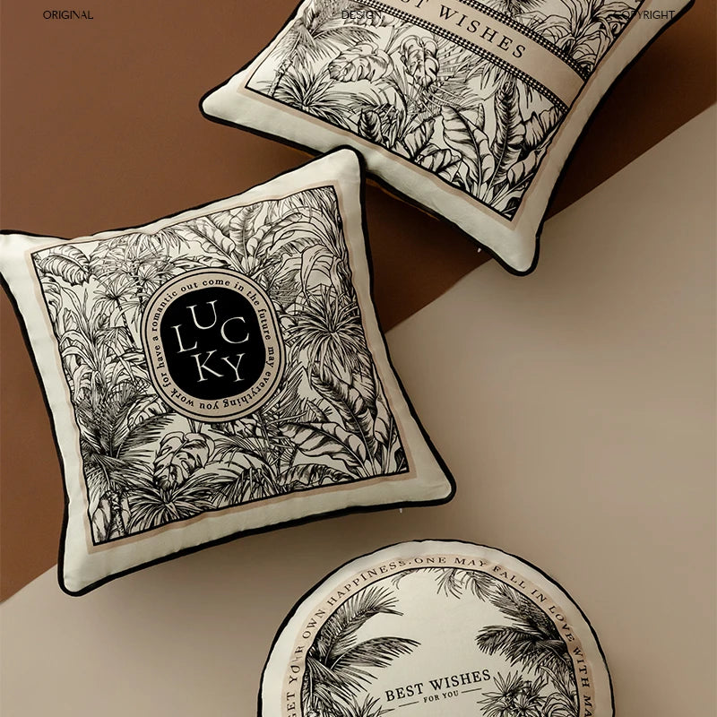 Housse de Coussin Florale en Velours - Style Rétro Noir et Blanc