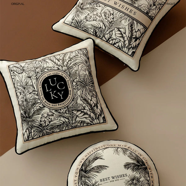 Housse de Coussin Florale en Velours - Style Rétro Noir et Blanc