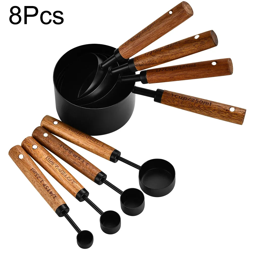 Ensemble Tasses et Cuillères à Mesurer Doré Manche Bois
