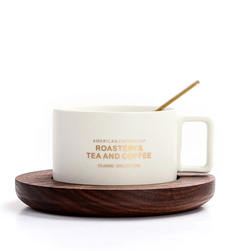 Tasse en Céramique avec Cuillère et Soucoupe Lettre Dorée 300ml