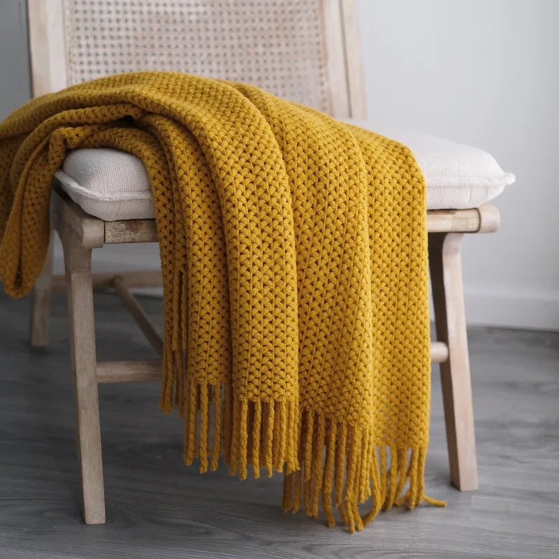 Plaid Tricoté Jaune Moutarde - Franges Bohèmes