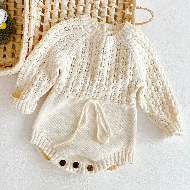 Barboteuse Fille Tricot Ajouré Manches Longues
