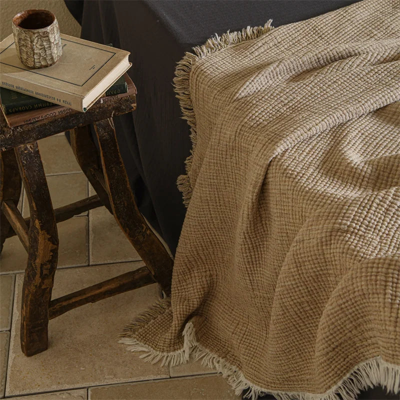 Couverture à Pompons en Coton et Lin