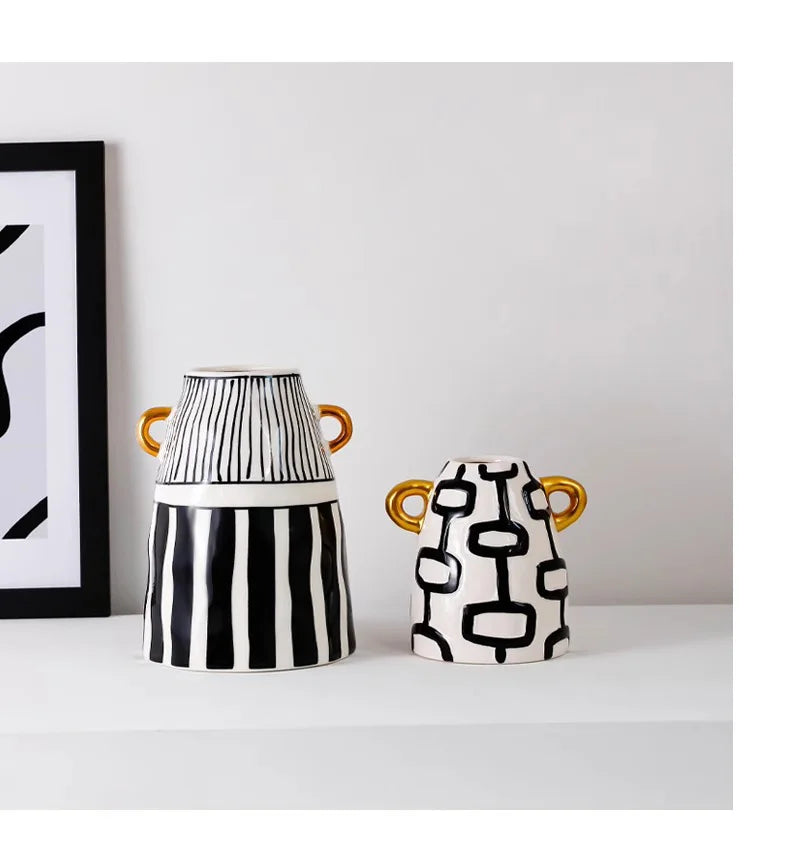 Vase Céramique Rayures Noir et Blanc pour Fleurs
