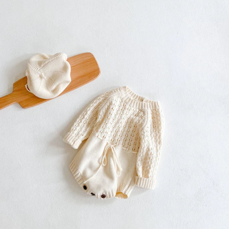 Barboteuse Fille Tricot Ajouré Manches Longues