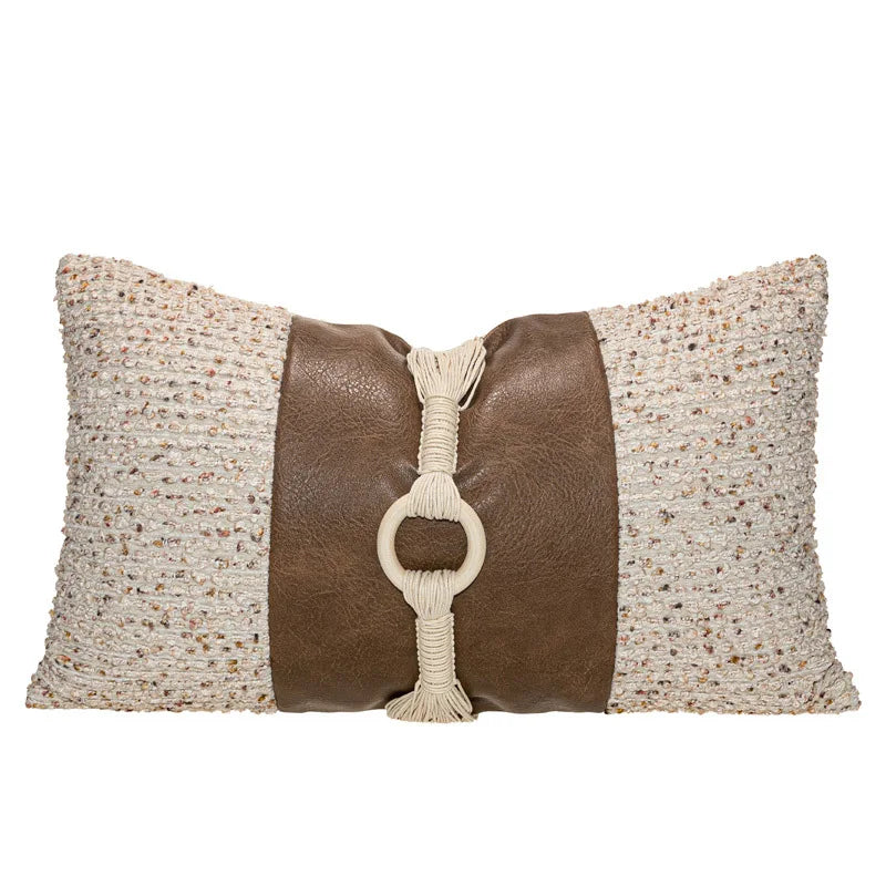 Housse de Coussin Beige Brun Patchwork Cuir Style Français